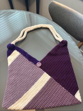 Handmade Purple Crochet Shoulder Bag with Cream Rope Handle